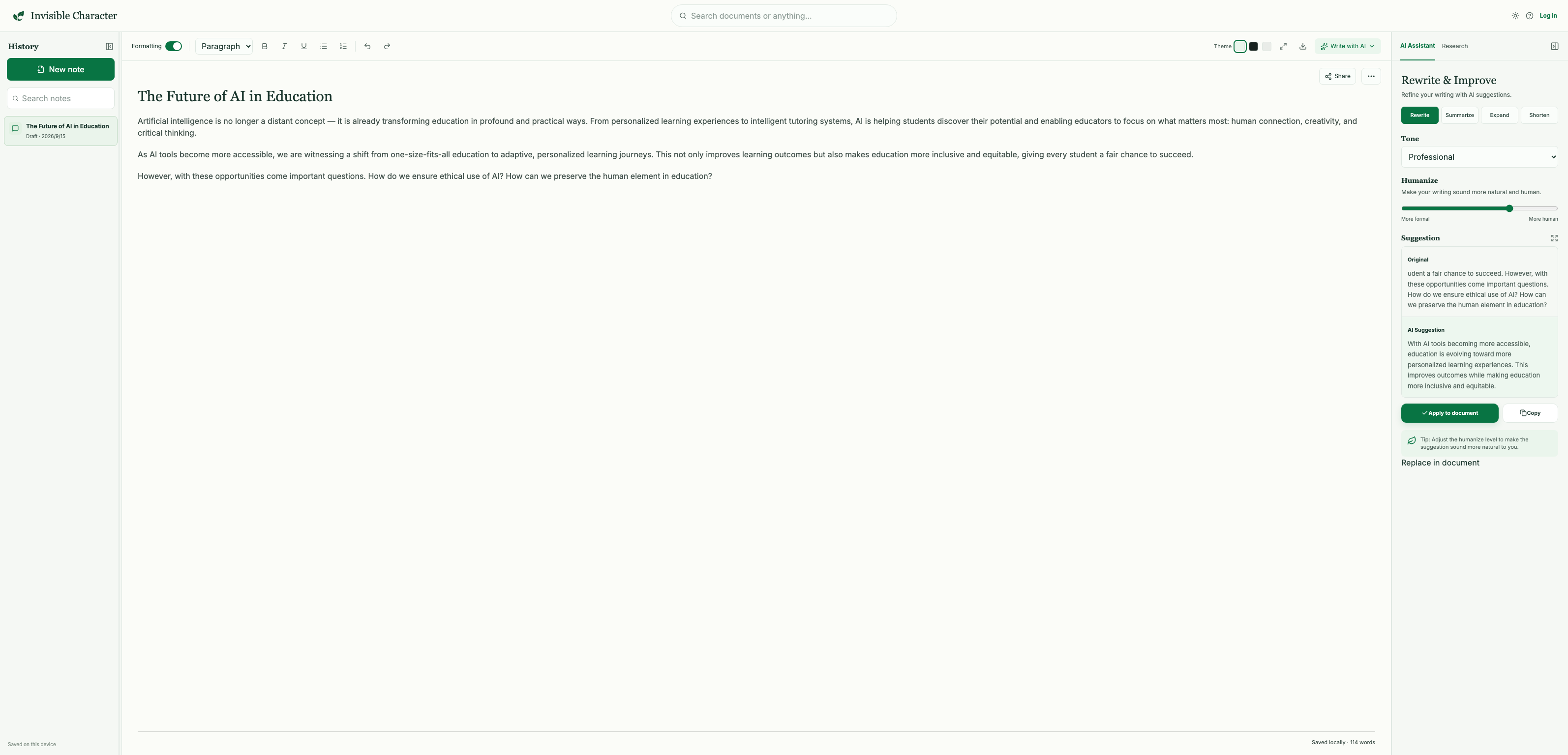 Invisible Character workspace with document history, rich-text controls, an article editor, and the AI Assistant